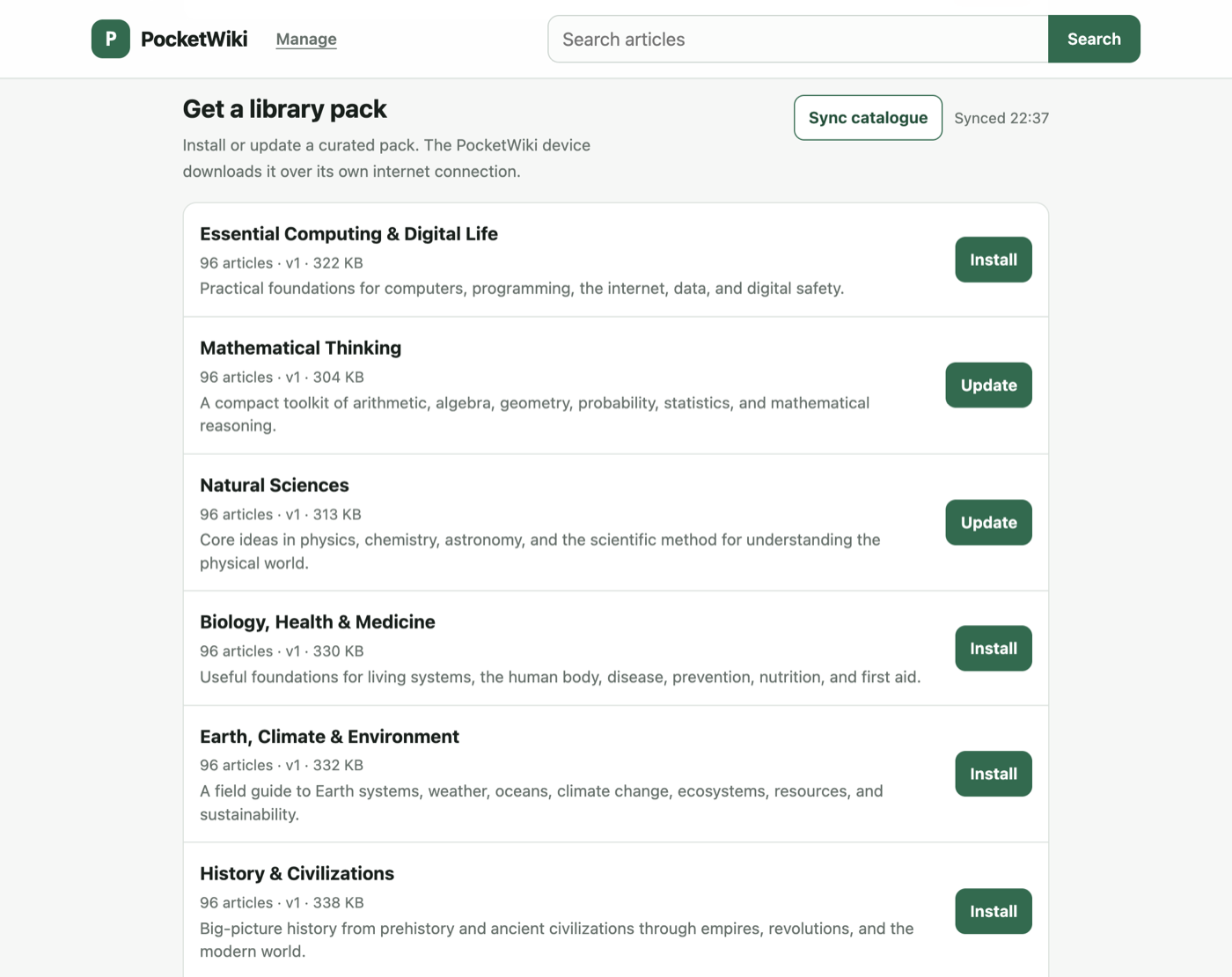 Managing installed packs and installs from the device's own page